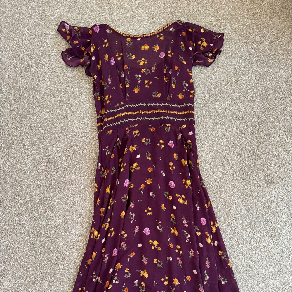 Max Studio Plum Floral Midi Dress with Yellow & Pink Accents